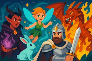 Covers classic fantasy beings like elves, dwarves, giants, unicorns, werewolves, and more.